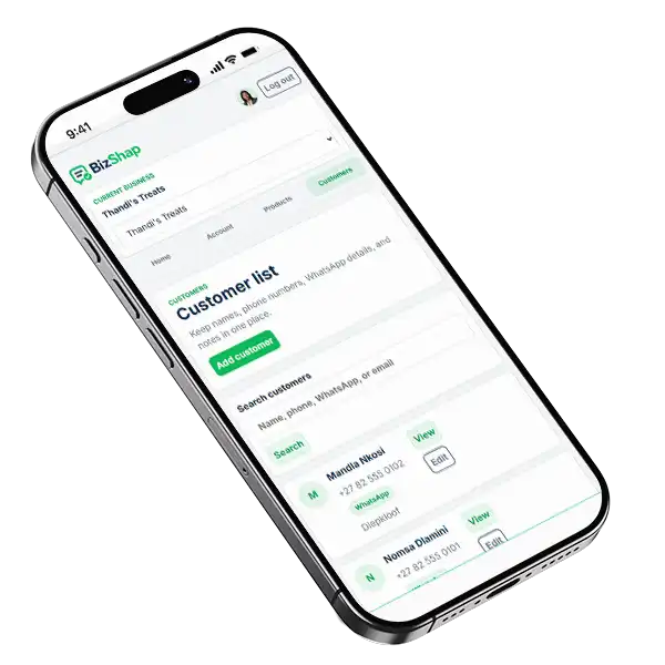 BizShap customer list shown on a phone