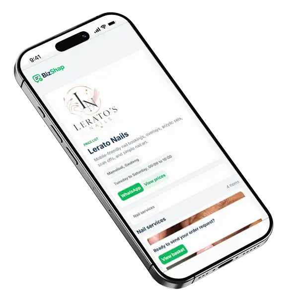 Public BizShap price list shown on a phone